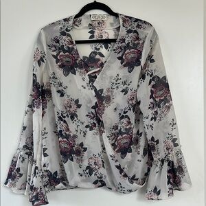 Floral Wrap Blouse - Black and Pink